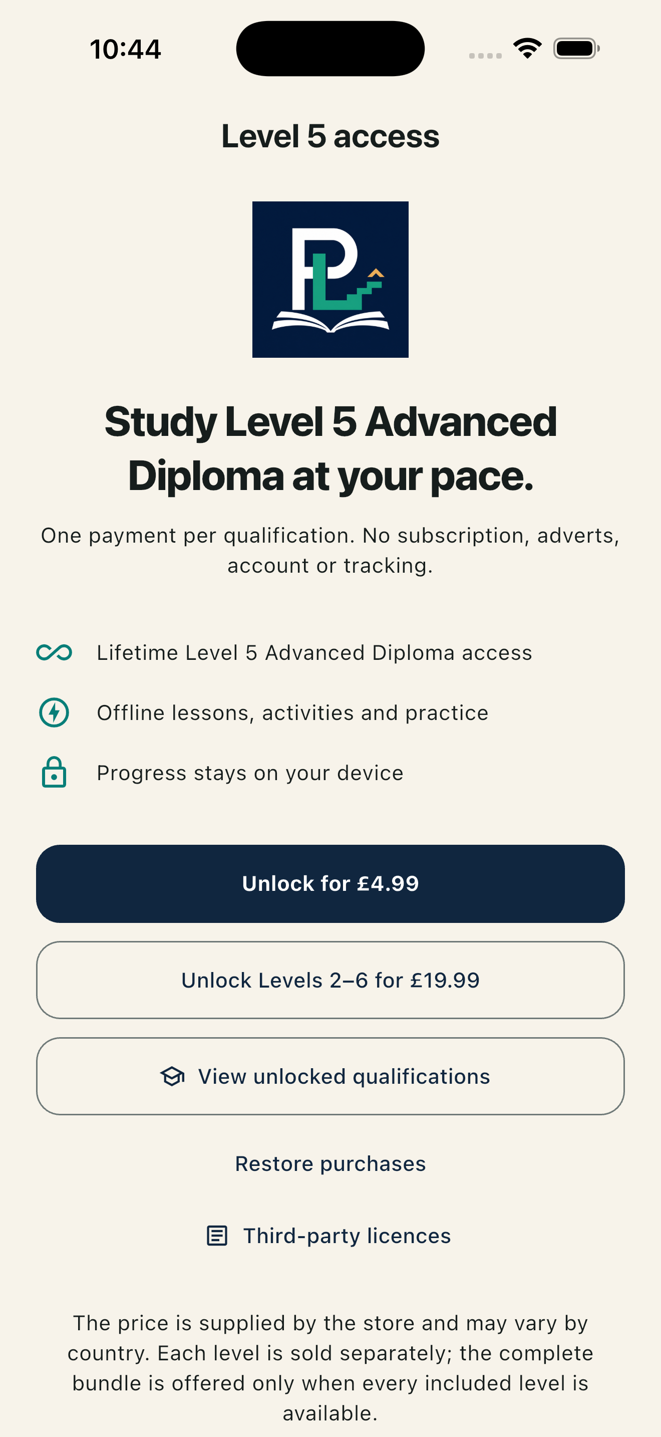 ProcureLevel Level 5 access screen on iPhone showing one-time qualification and complete collection options